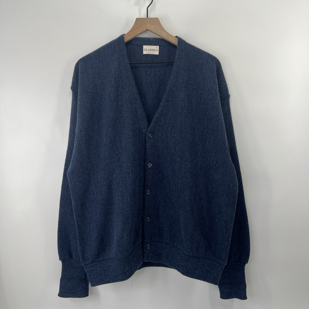 Vintage Cardigan Sweater Mens XL Blue Knit Button Made In USA 90s Grandpa